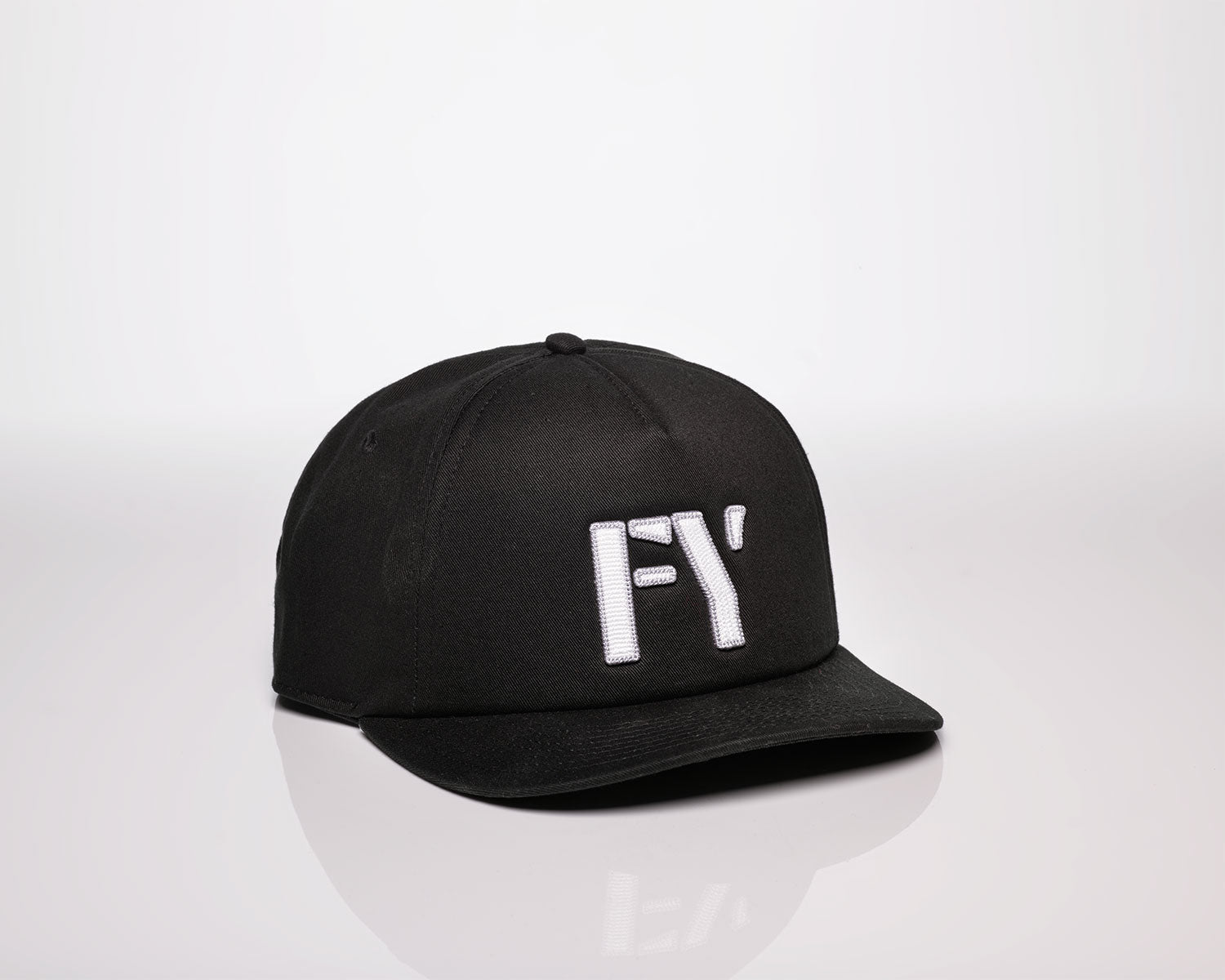 Black FREE YOURSELF 5 panel hat with FY logo