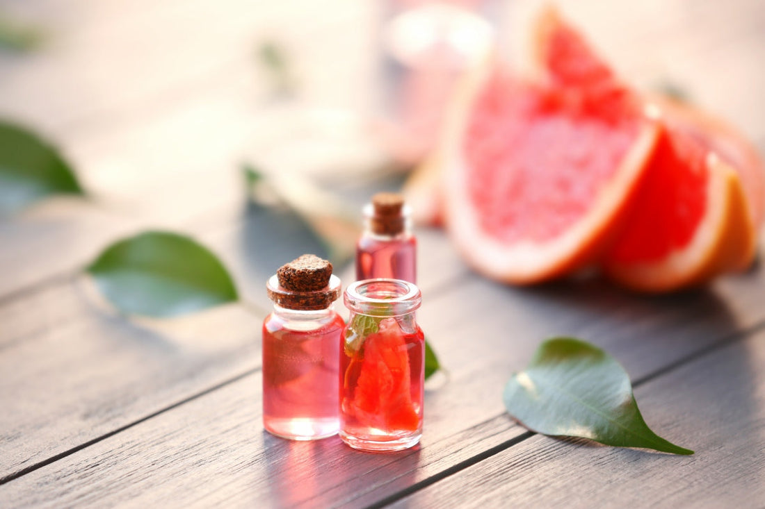Grapefruits fragrance oil in a glass stopper bottle to be used to create the best clean, fresh smelling perfumes.
